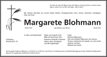 Traueranzeige von Margarete Blohmann von Pegnitz-Zeitung